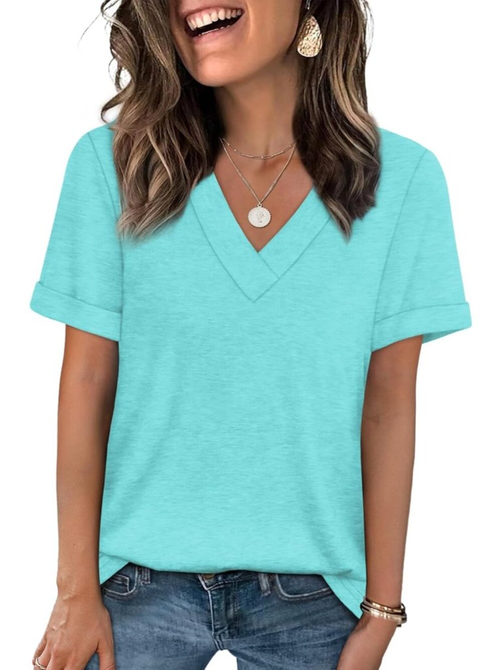 🆕Women's Aqua Tops Short Sleeve Basic Casual V Neck T Shirts Trendy